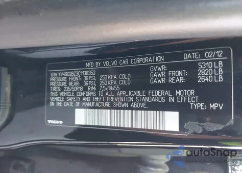 2012 Volvo Xc70 T6 z USA, uszkodzony, nr VIN YV4902BZ3C1138352